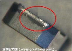 使用錫(Sn)鍍層的電源電感器(Power Inductors)，經過推力測試后，其焊點還保留在零件的端點上，所以推力比較高。