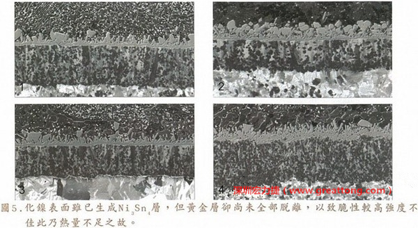 下面四圖顯示，當(dāng)焊接的熱量不足或未持續(xù)時(shí)，雖然Ni3Sn4的薄薄IMC層已經(jīng)生成而焊牢，但也會(huì)因?yàn)锳uSn及AuSn2還未來(lái)得及逸走，而停留在共金介面附近，當(dāng)有外力拉扯的時(shí)候，就很容易斷裂開來(lái)。這就是為何ENIG的焊點(diǎn)強(qiáng)度，始終不如銅面焊點(diǎn)(Cu6Sn5)來(lái)得更為牢固的主因之一。