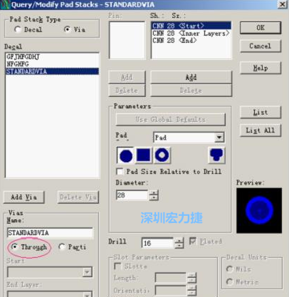 分析文件完成后，點(diǎn)擊菜單Setup→Pad Stacks調(diào)出焊盤堆設(shè)置窗口，將Pad Stack Type改為Via