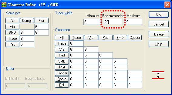 圖22 電源、接地線寬設定