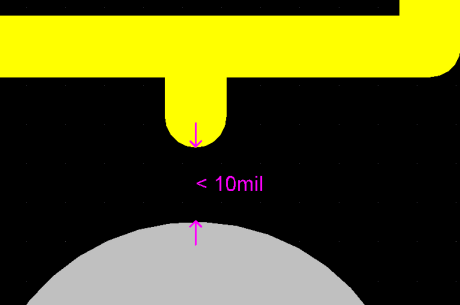 顯示每項違例的細節，本例的絲印與焊盤的間隔少于10mil.
